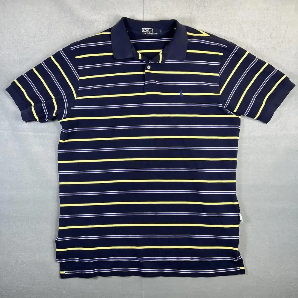 VTG 90s Polo Ralph Lauren Polo Shirt Mens Large Navy Striped Blue Pony - Flaw